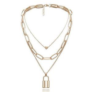 1 Left! Lock and Heart Charm Necklace color: Gold